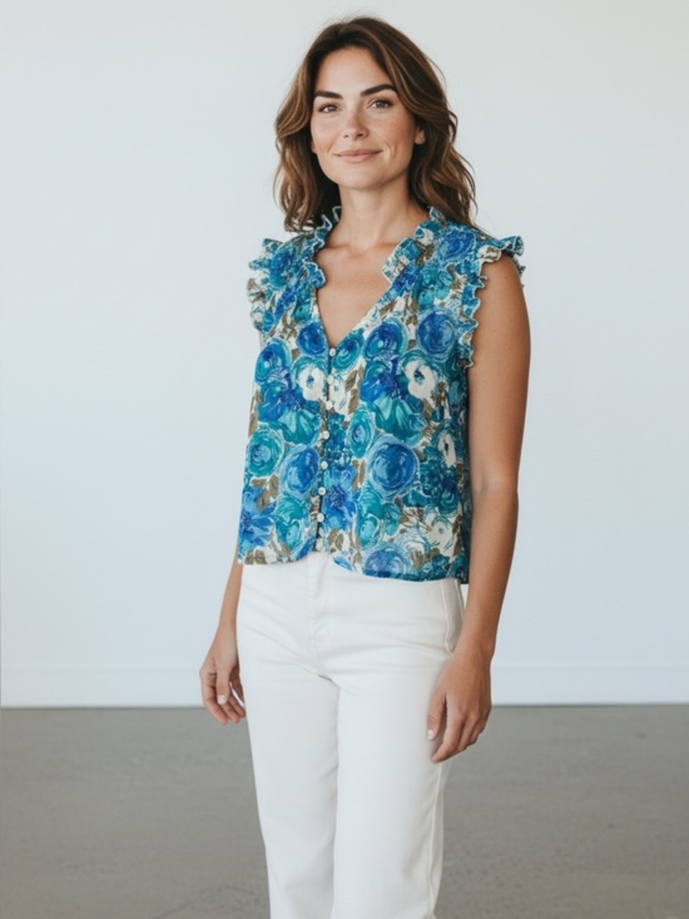 LOFT Teal Blue Floral Sleeveless Blouse
